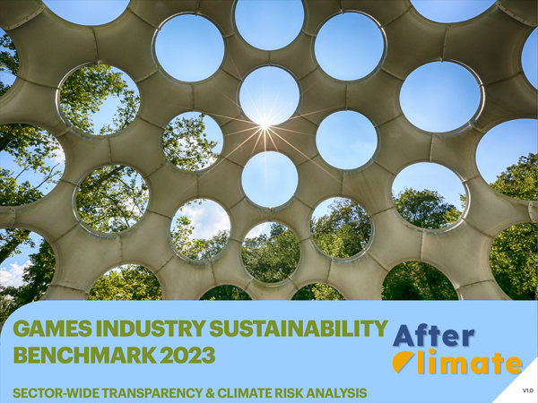 The front cover of the benchmark report – the sun shining through a building full of holes with trees behind